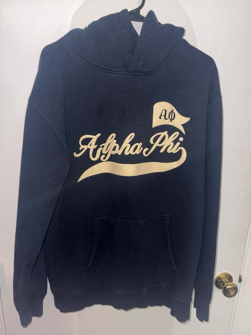 Alpha Phi Sorority Navy Blue Varsity Script Hoodie Sweatshirt